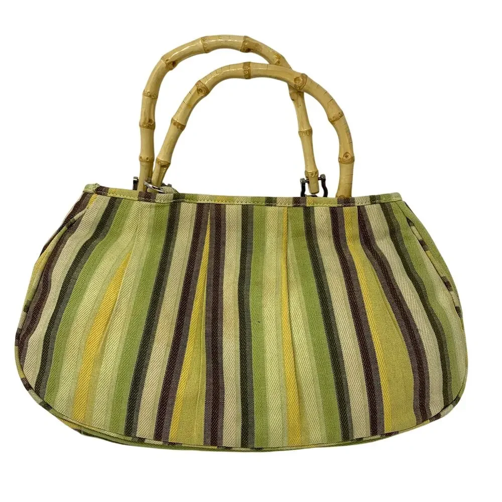 Vintage Bamboo Handle Striped Canvas Handbag Green Yellow Brown Resort Boho Tote